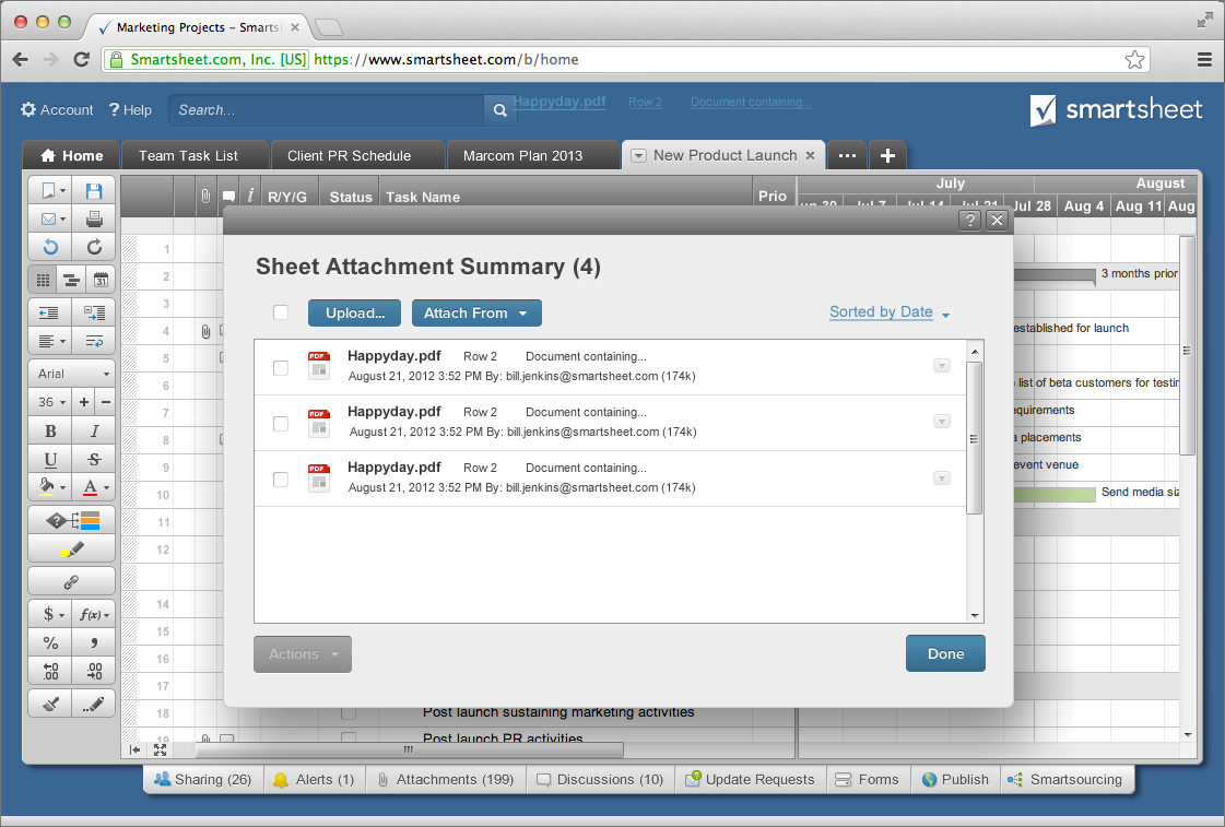 Smartsheet attachment screens