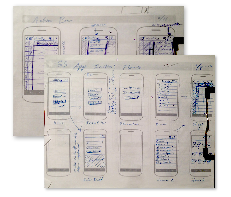 Smartsheet android initial wireframes on pen and paper